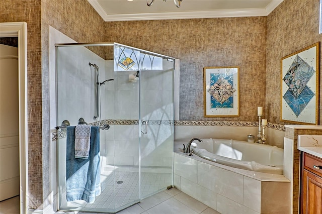 bathroom featuring vanity, tile patterned flooring, ornamental molding, and shower with separate bathtub