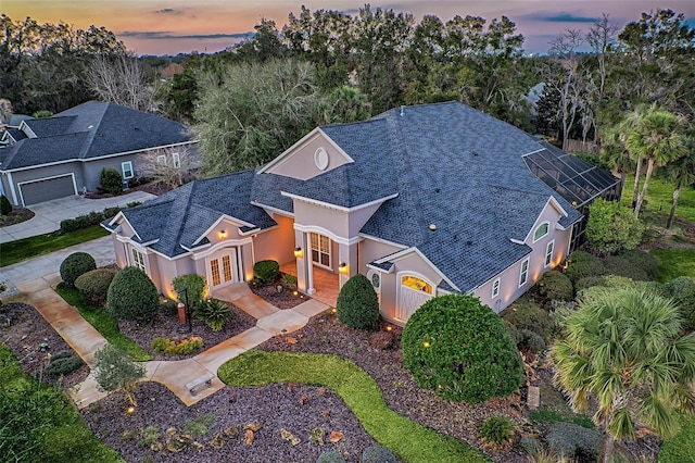 view of aerial view at dusk