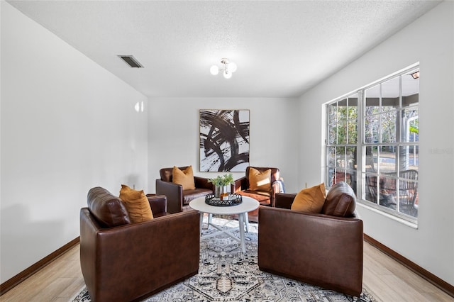 living room with light hardwood / wood-style flooring and a textured ceiling