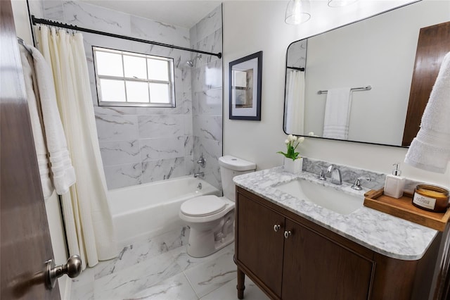 full bathroom with shower / tub combo, vanity, and toilet