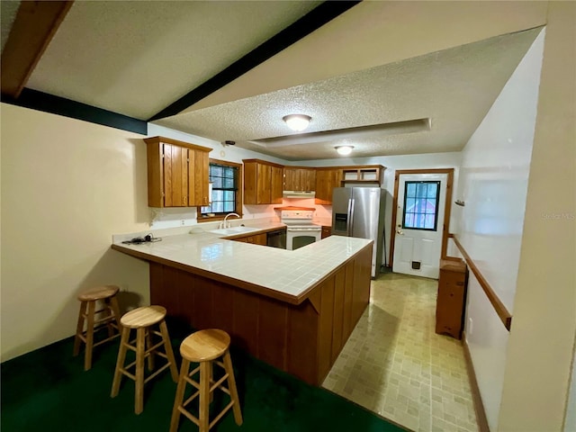 kitchen featuring lofted ceiling, sink, stainless steel fridge, white range with electric stovetop, and kitchen peninsula