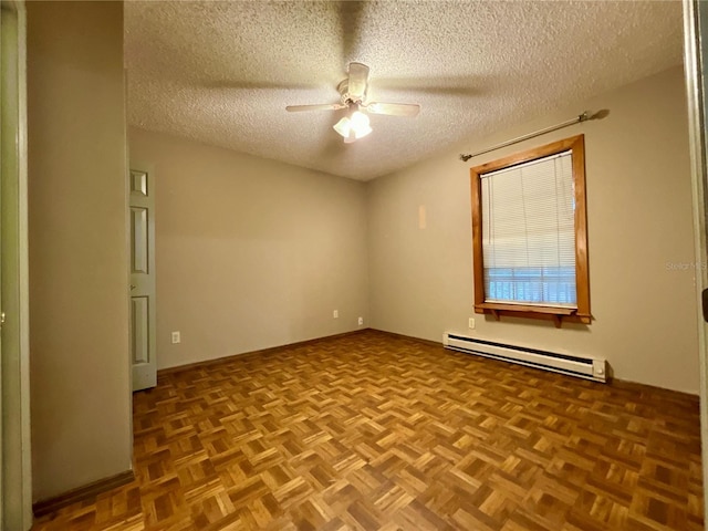 unfurnished room featuring light parquet flooring, a textured ceiling, ceiling fan, and baseboard heating