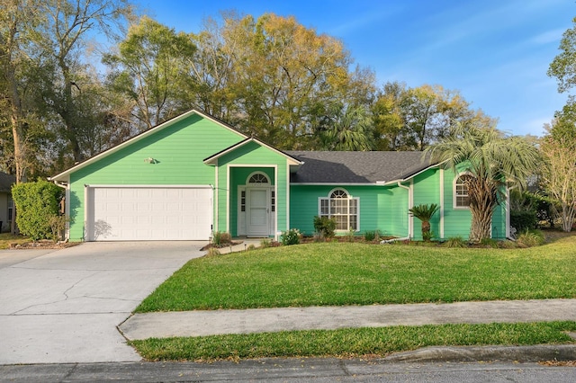 single story home with an attached garage, roof with shingles, concrete driveway, and a front yard