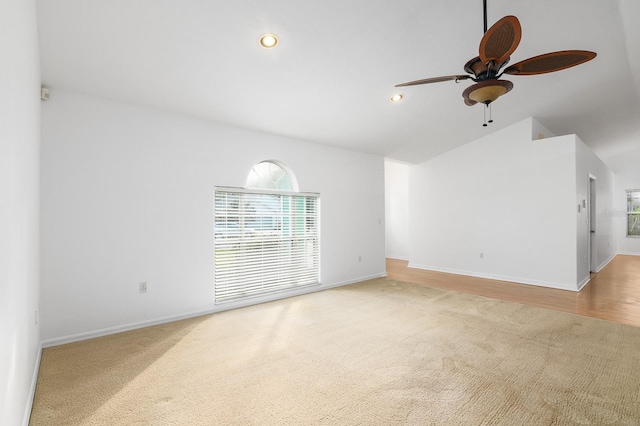 spare room with ceiling fan, carpet floors, baseboards, and recessed lighting