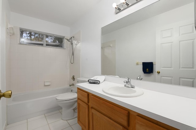 full bath with shower / bathing tub combination, vanity, toilet, and tile patterned floors