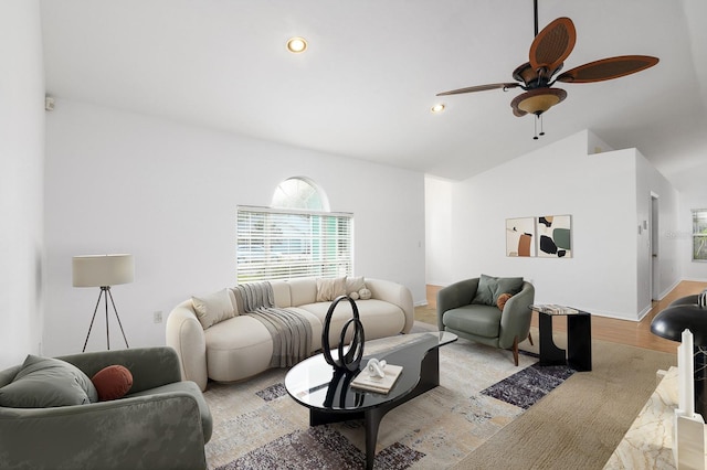 living area with baseboards, ceiling fan, wood finished floors, vaulted ceiling, and recessed lighting