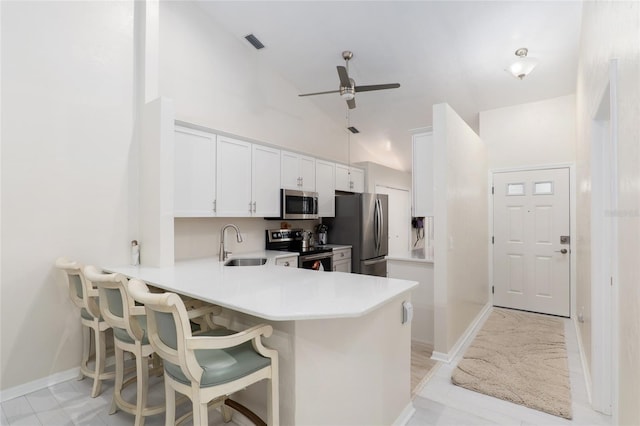 kitchen featuring a kitchen bar, sink, kitchen peninsula, stainless steel appliances, and white cabinets