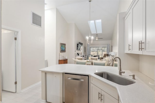 kitchen featuring white cabinetry, sink, pendant lighting, and stainless steel dishwasher