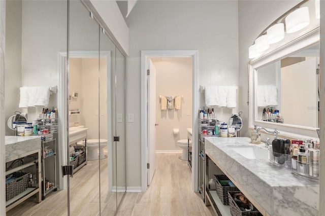 bathroom with wood-type flooring, toilet, and sink