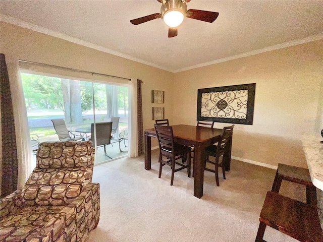 10000 SW 52nd Ave Unit 103, Gainesville, FL 32608 - dining area with crown molding, ceiling fan, a textured ceiling, light carpet, and baseboards