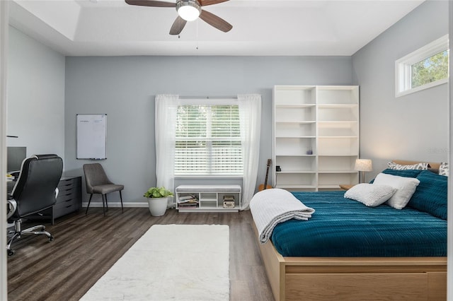 bedroom featuring multiple windows, a raised ceiling, dark hardwood / wood-style floors, and ceiling fan