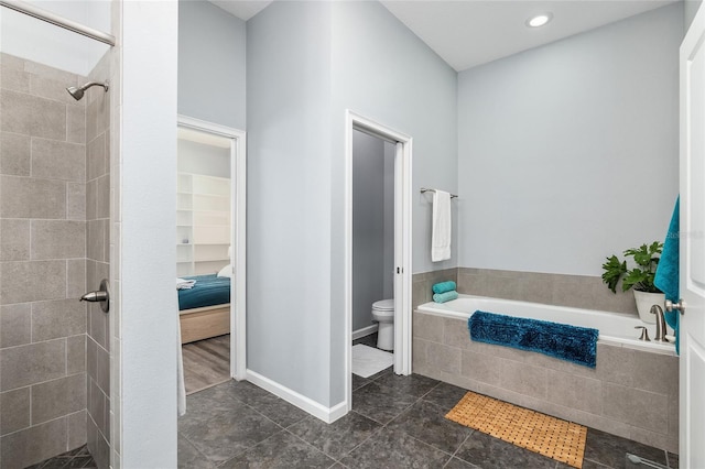 bathroom with independent shower and bath and toilet