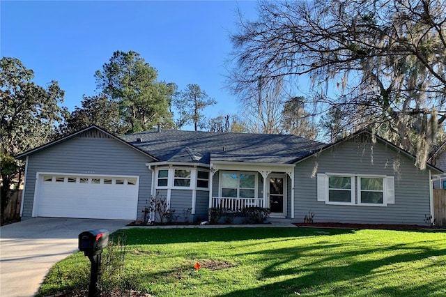 ranch-style home with an attached garage, covered porch, a front lawn, and concrete driveway