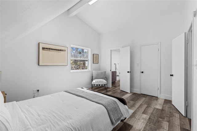 bedroom with beam ceiling, wood-type flooring, and high vaulted ceiling