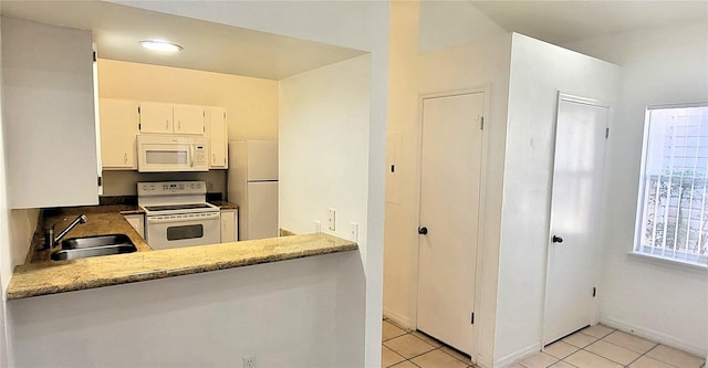 kitchen featuring white cabinetry, white appliances, sink, and light tile patterned floors