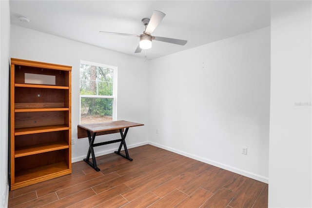 home office with ceiling fan and wood-type flooring