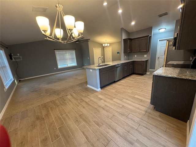 kitchen with a chandelier, hanging light fixtures, stainless steel dishwasher, light stone counters, and dark brown cabinets