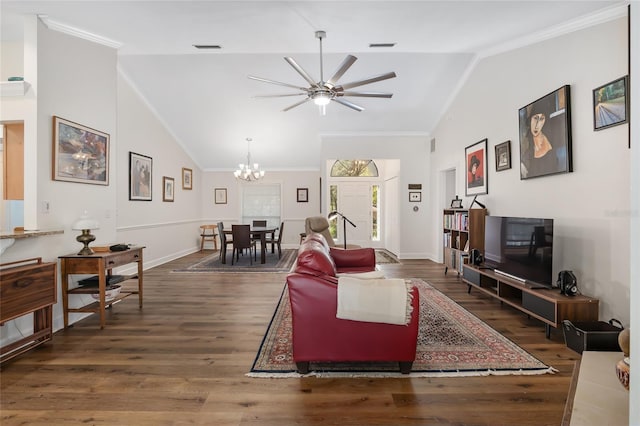 living room with dark hardwood / wood-style flooring, crown molding, ceiling fan with notable chandelier, and high vaulted ceiling