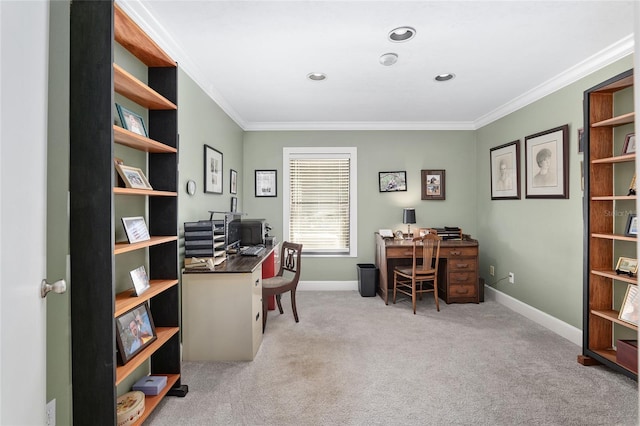 carpeted office space featuring ornamental molding