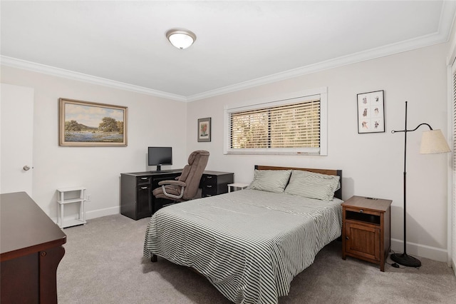 bedroom with crown molding and light colored carpet