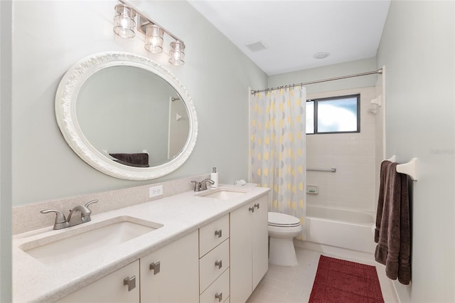 full bathroom with vanity, tile patterned floors, shower / bath combination with curtain, and toilet