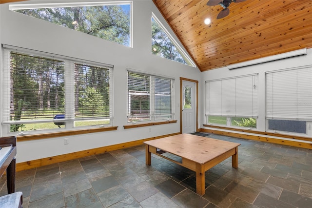 unfurnished sunroom featuring wood ceiling, ceiling fan, and lofted ceiling