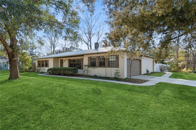 ranch-style home with a garage and a front yard