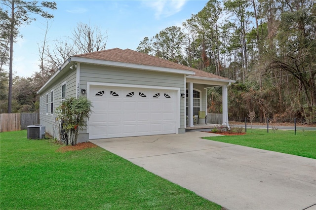 view of front facade featuring central AC, a garage, covered porch, and a front yard