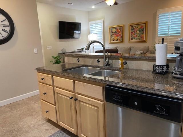 kitchen featuring a sink, dark stone countertops, and stainless steel dishwasher