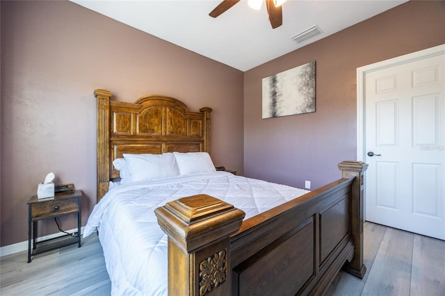 bedroom featuring ceiling fan and light wood-type flooring