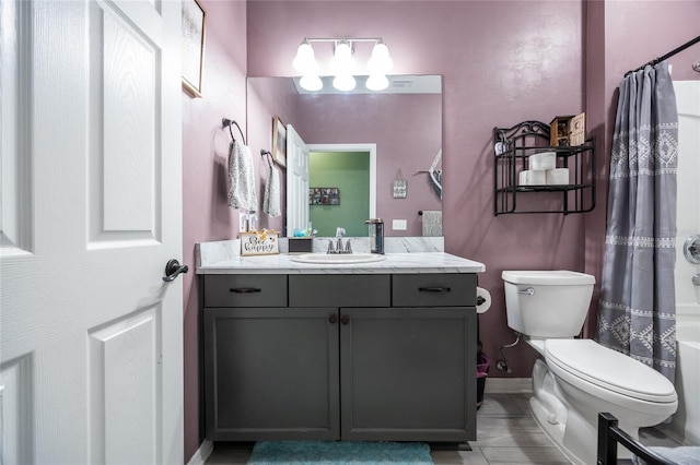 full bathroom with vanity, shower / bathtub combination with curtain, and toilet