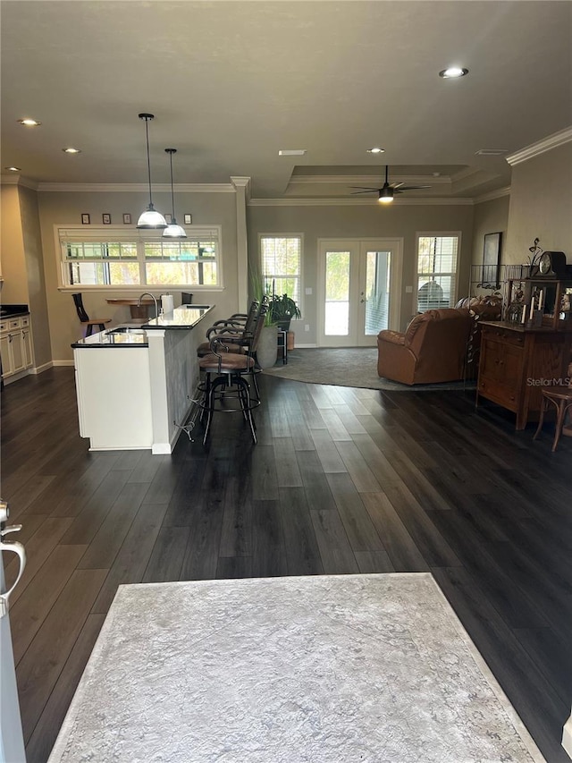 kitchen with pendant lighting, a sink, open floor plan, dark wood finished floors, and crown molding