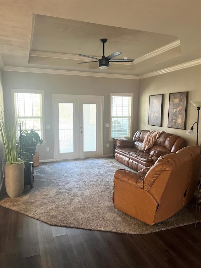 living room with plenty of natural light, a raised ceiling, and french doors