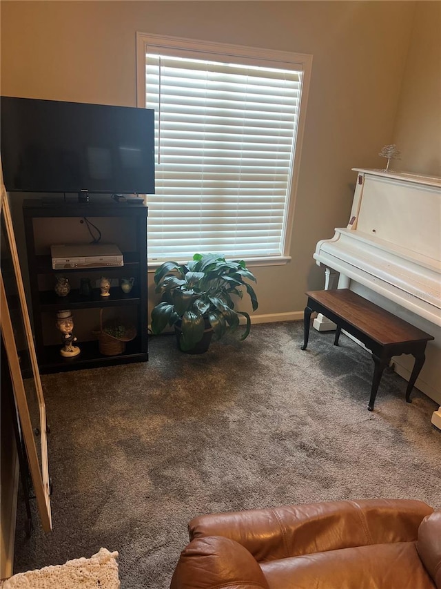 living area with carpet flooring and baseboards