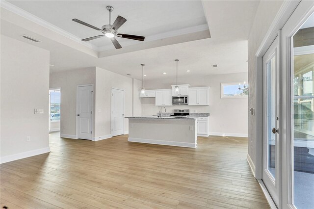 15854 NW 126th Ln, Alachua, FL 32615 - kitchen with stainless steel appliances, a sink, white cabinets, light wood-type flooring, and a tray ceiling