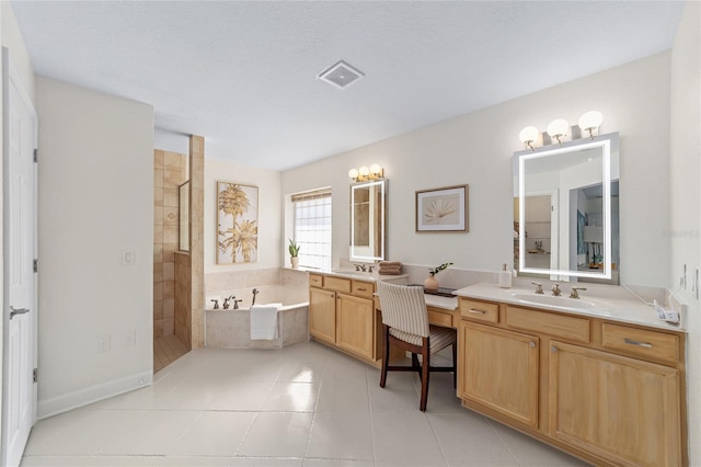 full bath featuring tile patterned flooring, visible vents, vanity, a tile shower, and a bath