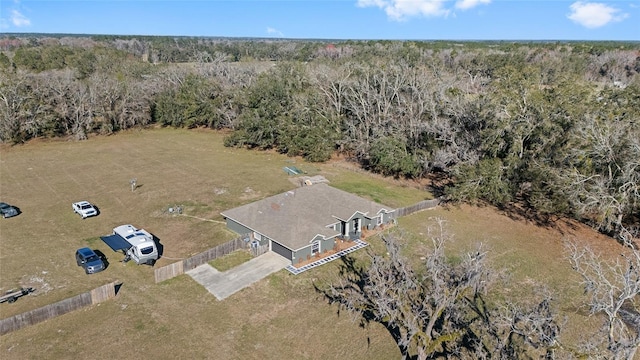 bird's eye view with a wooded view