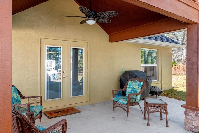 view of patio / terrace featuring ceiling fan, french doors, and area for grilling