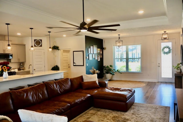 living room with wood-type flooring, ornamental molding, sink, and ceiling fan