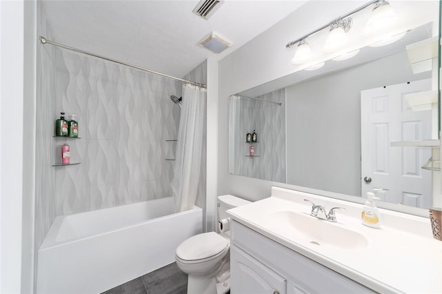 full bath with toilet, visible vents, shower / bath combo with shower curtain, and vanity