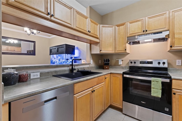 kitchen featuring light tile patterned floors, stainless steel appliances, light brown cabinets, a sink, and under cabinet range hood