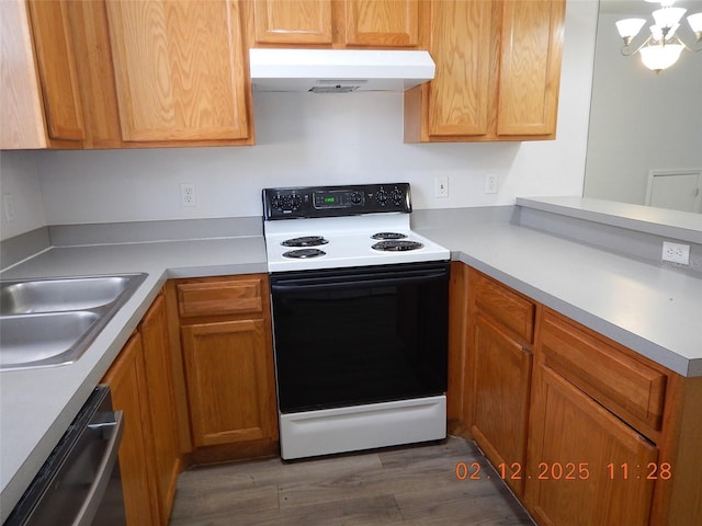 kitchen featuring light countertops, a sink, range with electric cooktop, dishwasher, and under cabinet range hood