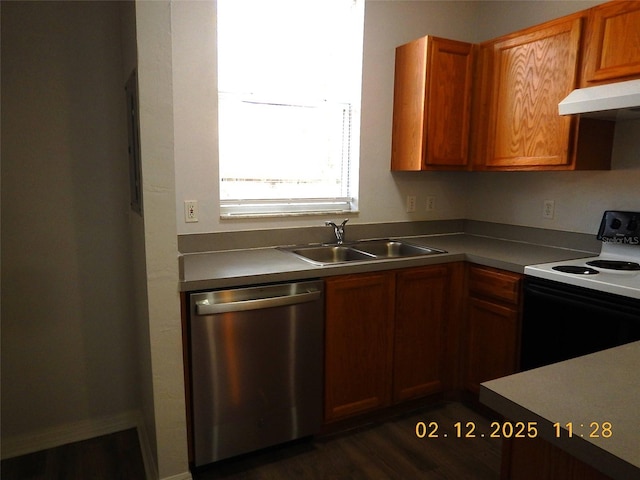 kitchen with under cabinet range hood, range with electric stovetop, a sink, stainless steel dishwasher, and brown cabinets