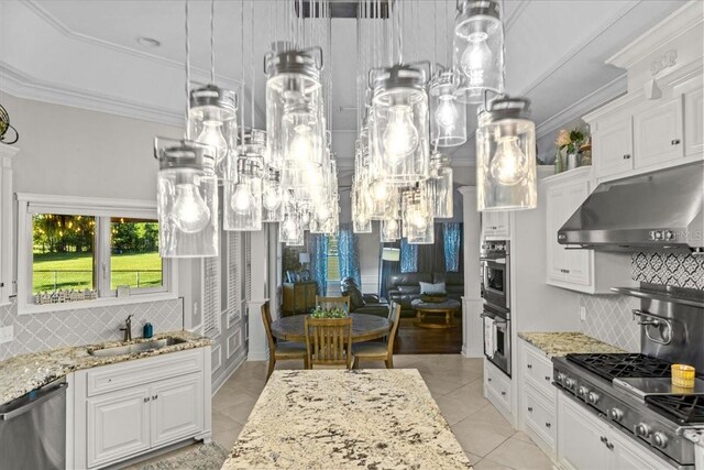 kitchen with crown molding, stainless steel appliances, white cabinets, a sink, and under cabinet range hood