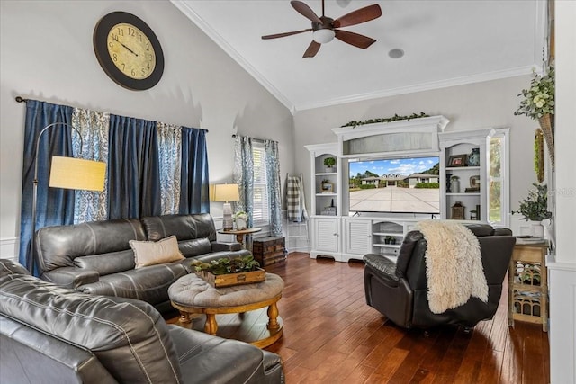 living room featuring ornamental molding, dark wood finished floors, and a ceiling fan