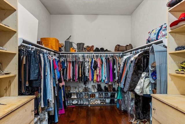 walk in closet featuring dark wood-style flooring