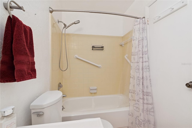 bathroom with shower / bathtub combination with curtain and toilet