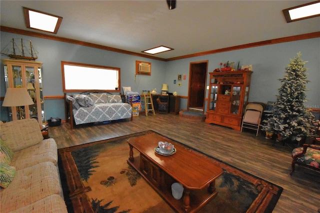 living room with dark hardwood / wood-style flooring and ornamental molding