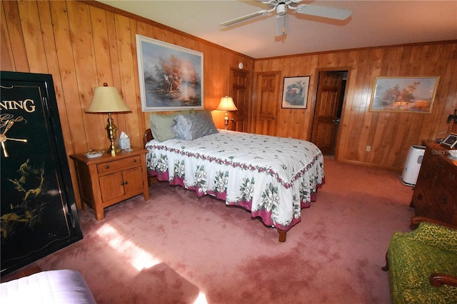 bedroom featuring crown molding, light carpet, ceiling fan, and wooden walls