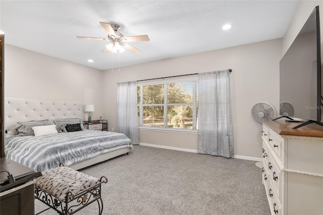 bedroom with baseboards, ceiling fan, recessed lighting, and light colored carpet